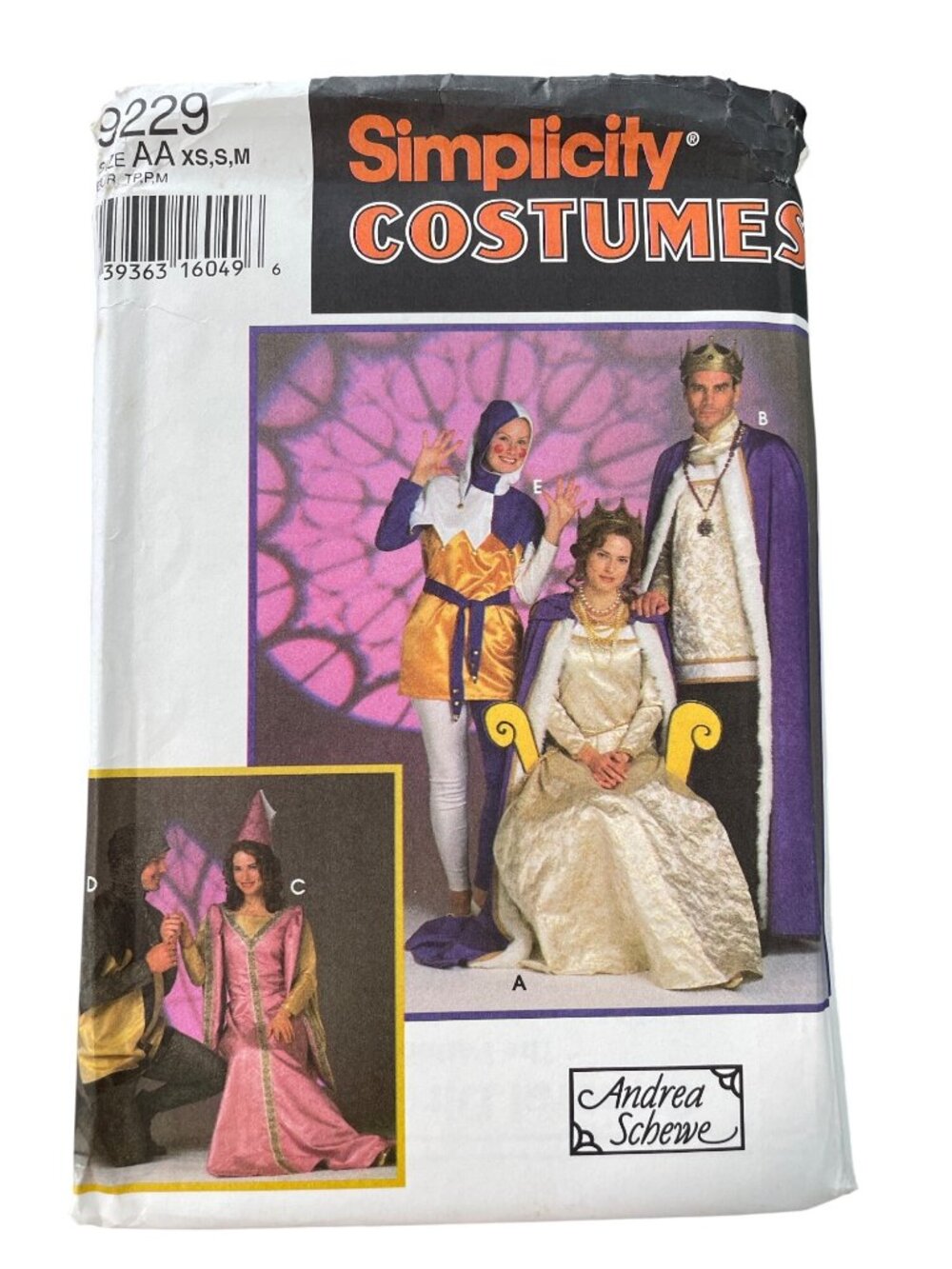 90s Simplicity 9229 Costume Pattern XS-M King Queen Jester Medieval UNCUT